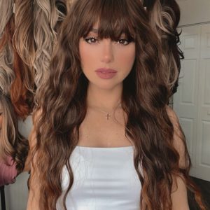EllaRae | Giada Style Wig | XLong Dark Brown with Light Brown Tips Water Wave with Bangs